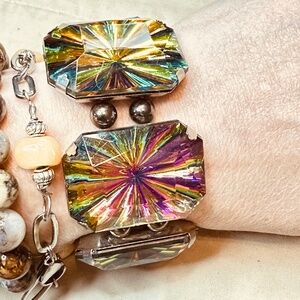 Multi Color Fire Lucite Large Rectangular Beaded Stretchy Bracelet Vintage